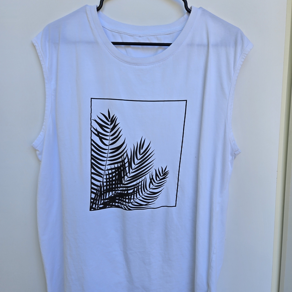 White Sleeveless Top with Black Leaf Print